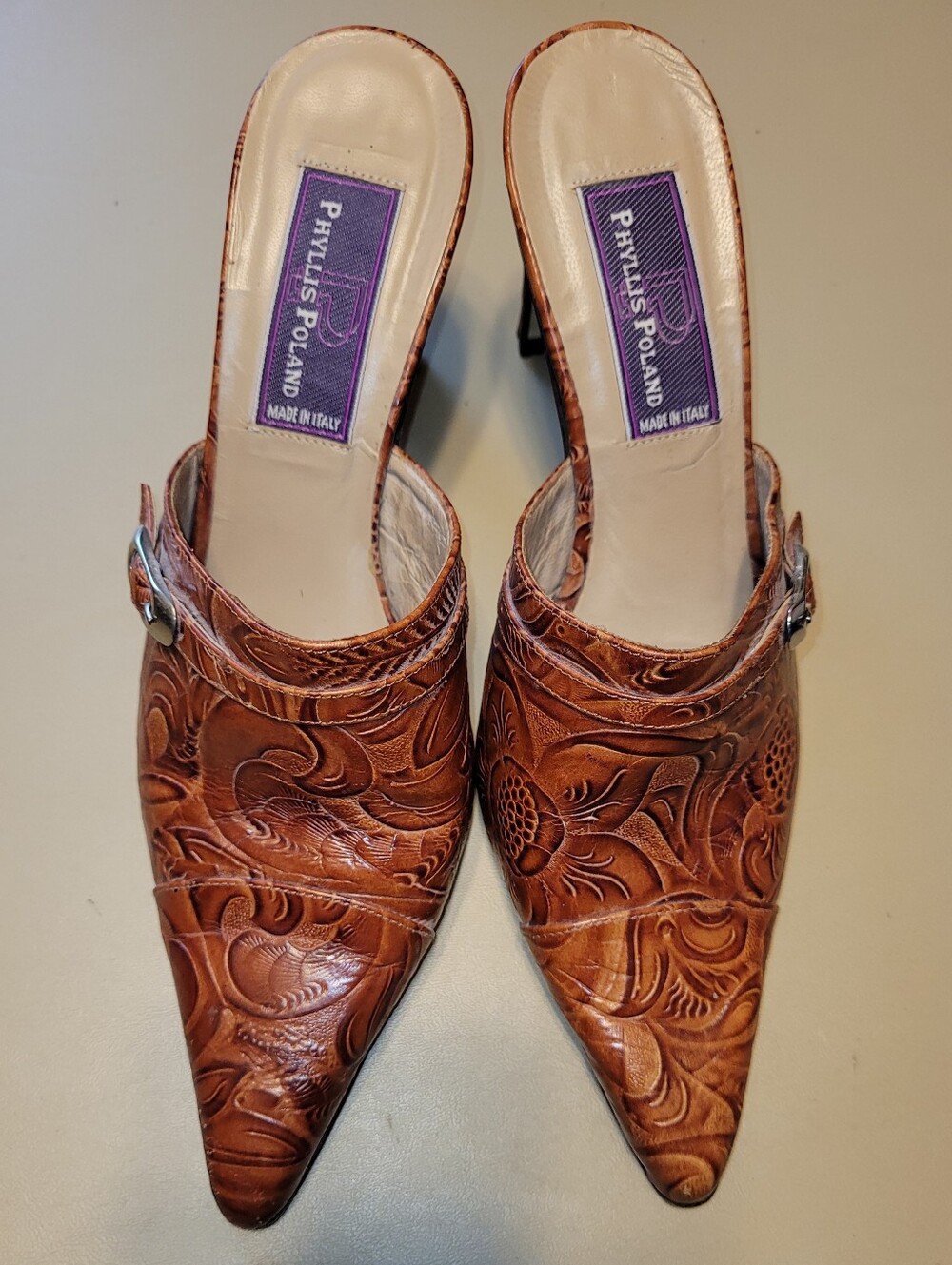 Phyllis Poland tooled leather mules.  Size 8.5.
